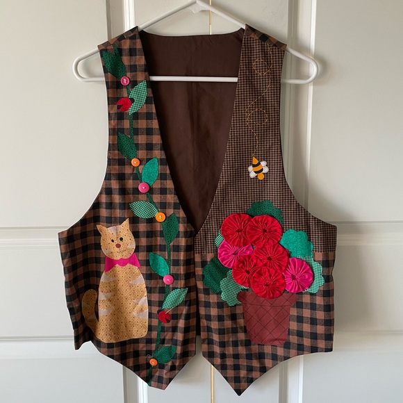 Dreamspinners Pot Full of Posies Cat Vest Handmade Size Large - Picture 1 of 7